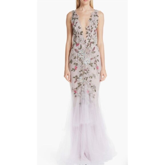 Marchesa Embroidered Floral Evening Dress